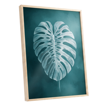 Teal Monstera Study, blue, green, white nature wall art shown as a oak framed poster wall art print