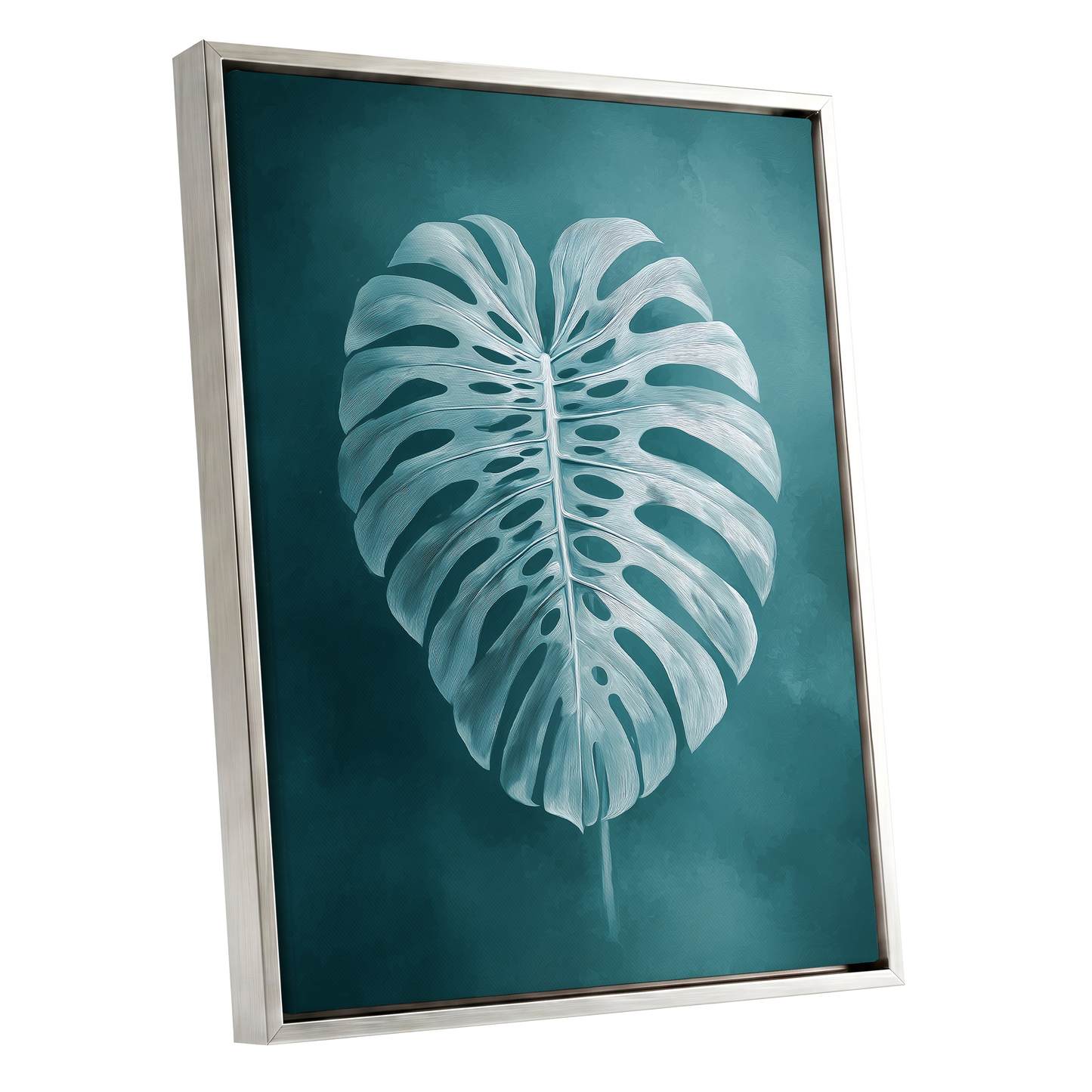 Teal Monstera Study, blue, green, white nature wall art shown as a silver framed canvas wall art