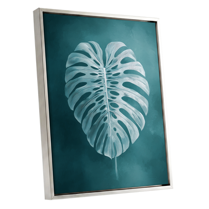 Teal Monstera Study, blue, green, white nature wall art shown as a silver framed canvas wall art
