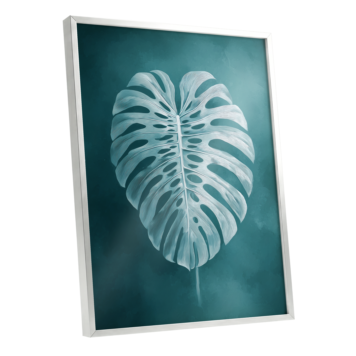 Teal Monstera Study, blue, green, white nature wall art shown as a silver framed poster wall art print