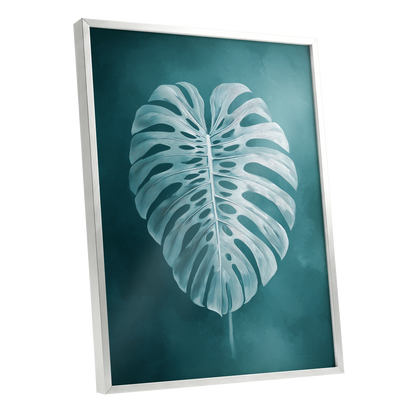 Teal Monstera Study, blue, green, white nature wall art shown as a silver framed poster wall art print