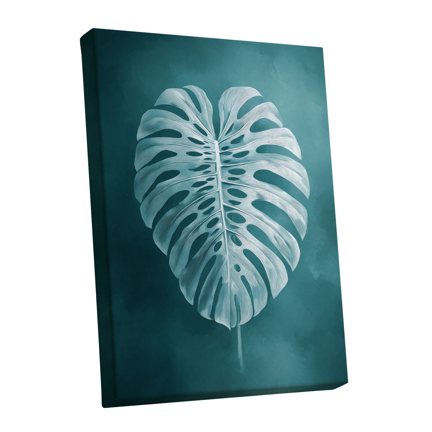 Teal Monstera Study, blue, green, white nature wall art shown as a stretched canvas wall art