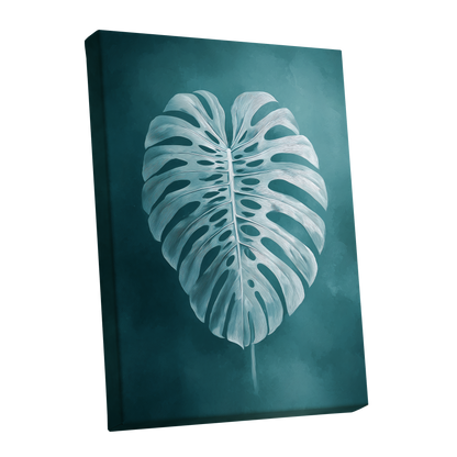 Teal Monstera Study, blue, green, white nature wall art shown as a stretched canvas wall art