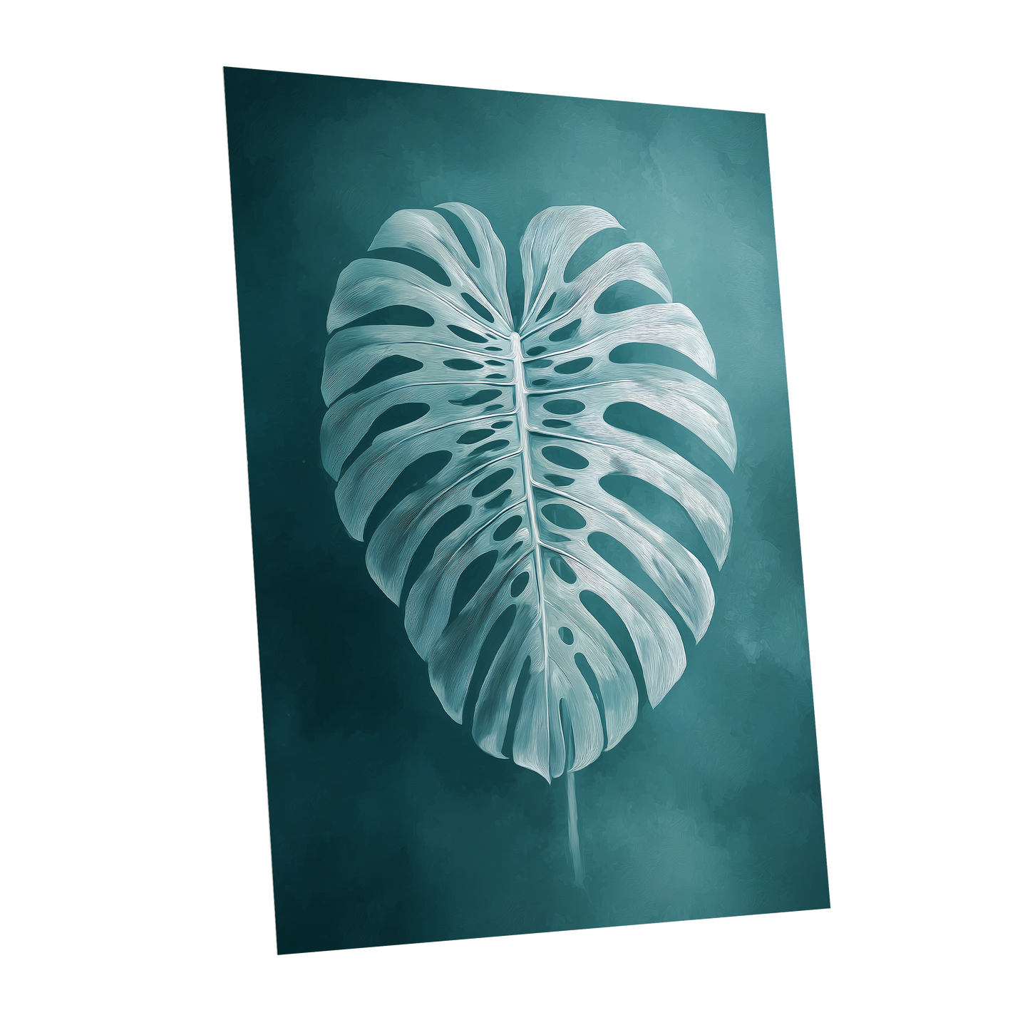 Teal Monstera Study, blue, green, white nature wall art shown as a unframed poster wall art print