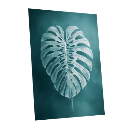 Teal Monstera Study, blue, green, white nature wall art shown as a unframed poster wall art print