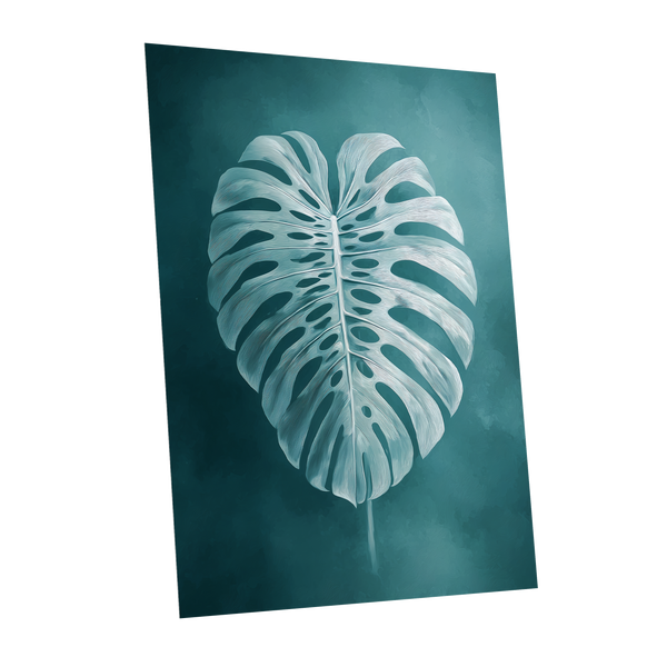 Teal Monstera Study, blue, green, white nature wall art shown as a unframed poster wall art print