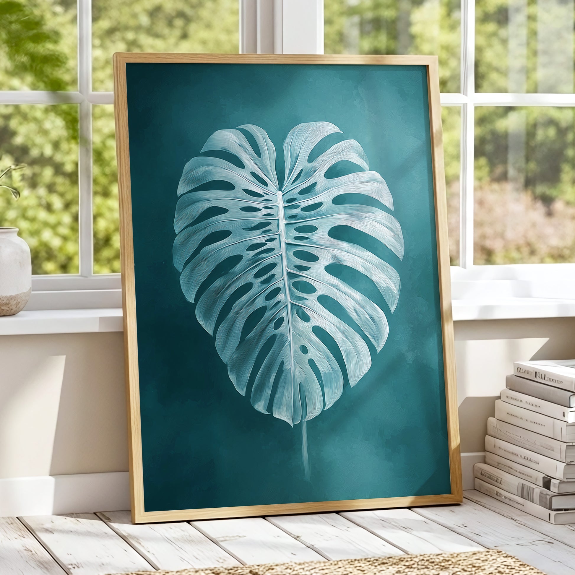 Teal Monstera Study, blue, green, white nature wall art displayed in a styled interior, gallery view 2