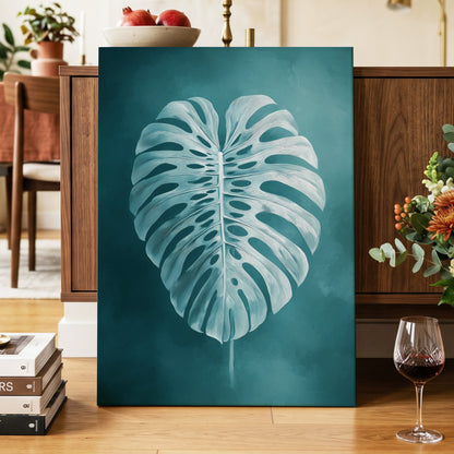 Teal Monstera Study, blue, green, white nature wall art displayed in a styled interior, gallery view 3