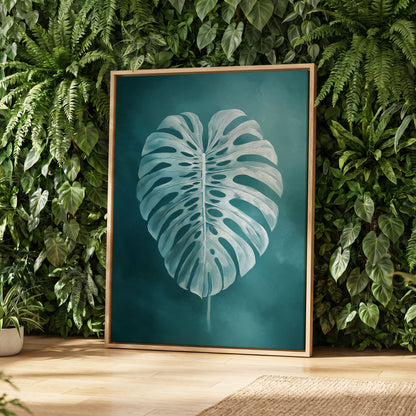 Teal Monstera Study, blue, green, white nature wall art displayed in a styled interior, gallery view 4