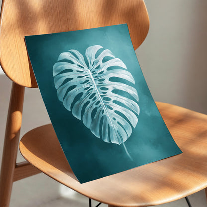 Teal Monstera Study, blue, green, white nature wall art displayed in a styled interior, gallery view 5