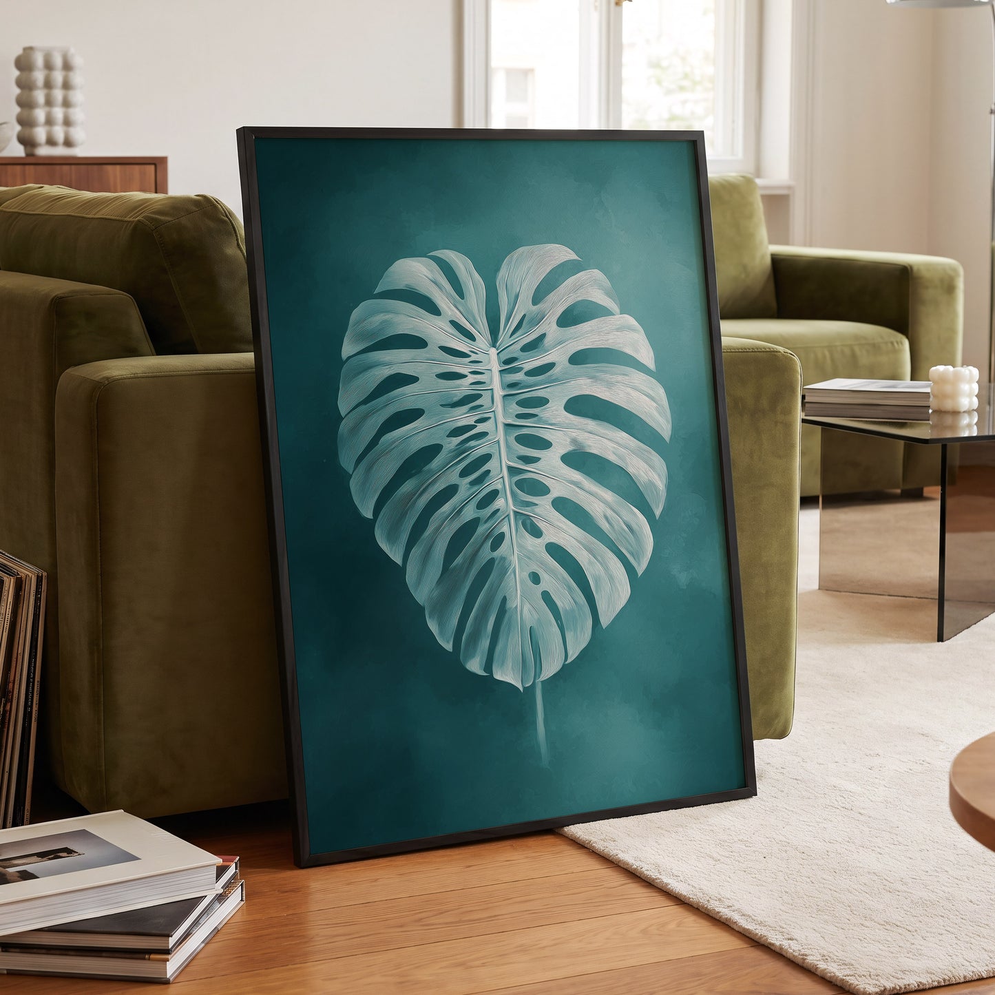Teal Monstera Study, blue, green, white nature wall art displayed in a styled interior, gallery view 6