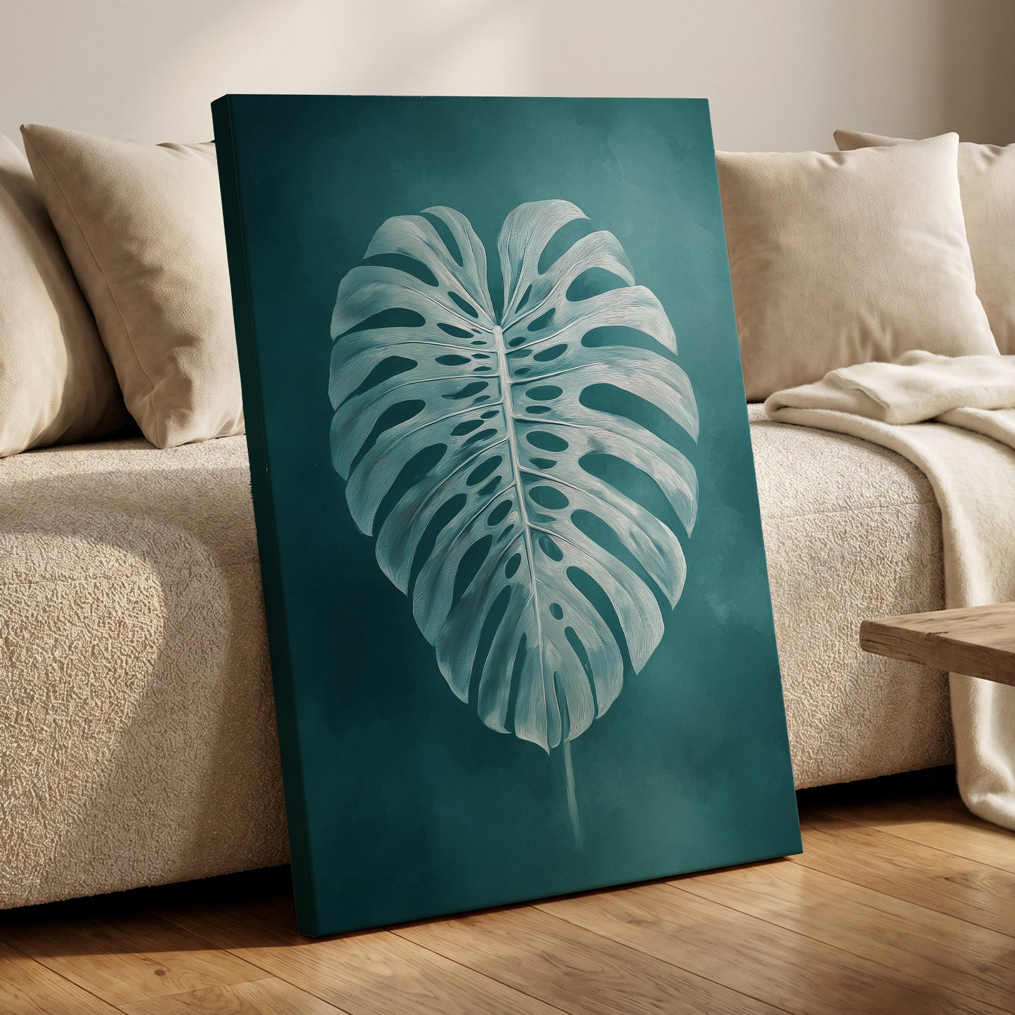 Teal Monstera Study, blue, green, white nature wall art displayed in a styled interior, gallery view 7