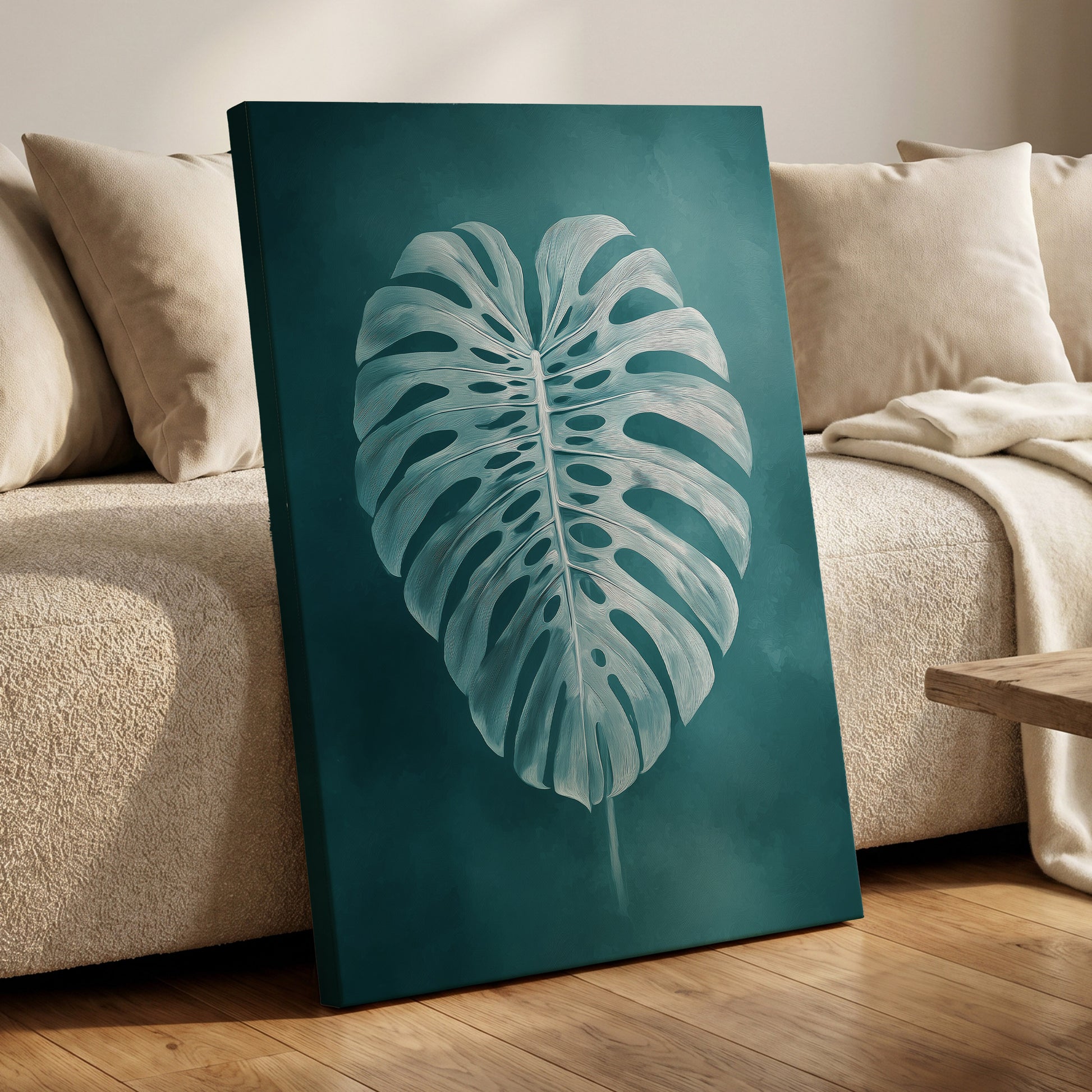 Teal Monstera Study, blue, green, white nature wall art displayed in a styled interior, gallery view 7