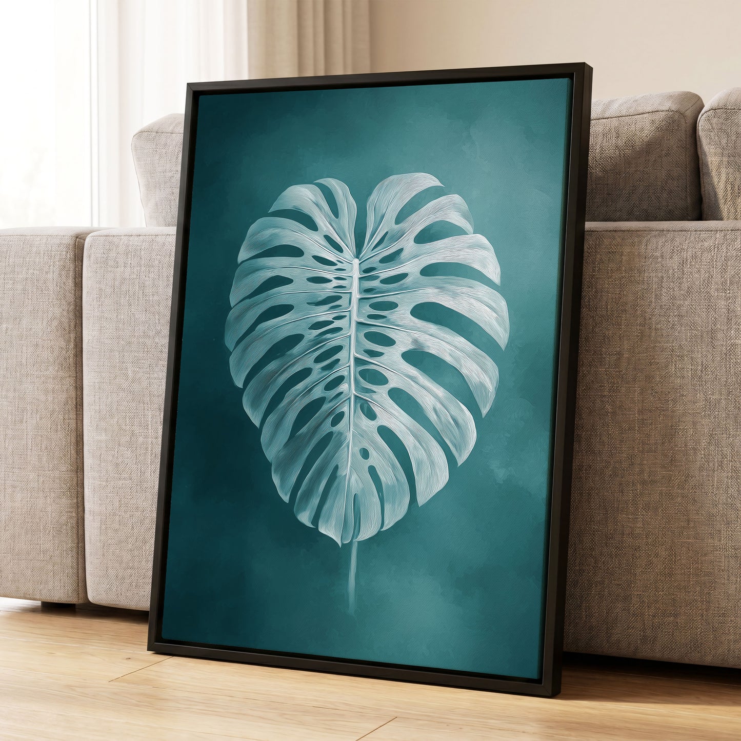 Teal Monstera Study, blue, green, white nature wall art displayed in a styled interior, gallery view 8
