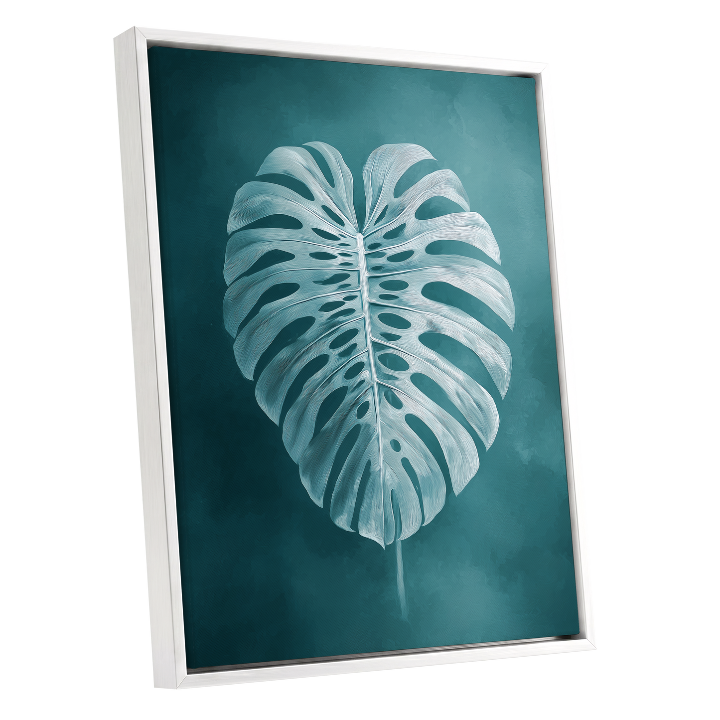 Teal Monstera Study, blue, green, white nature wall art shown as a white framed canvas wall art