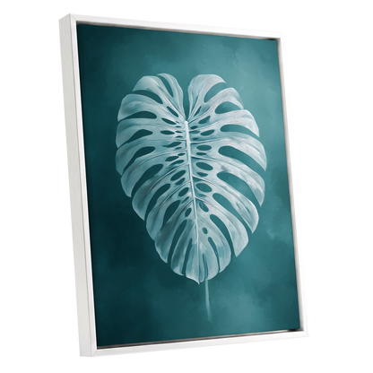 Teal Monstera Study, blue, green, white nature wall art shown as a white framed canvas wall art