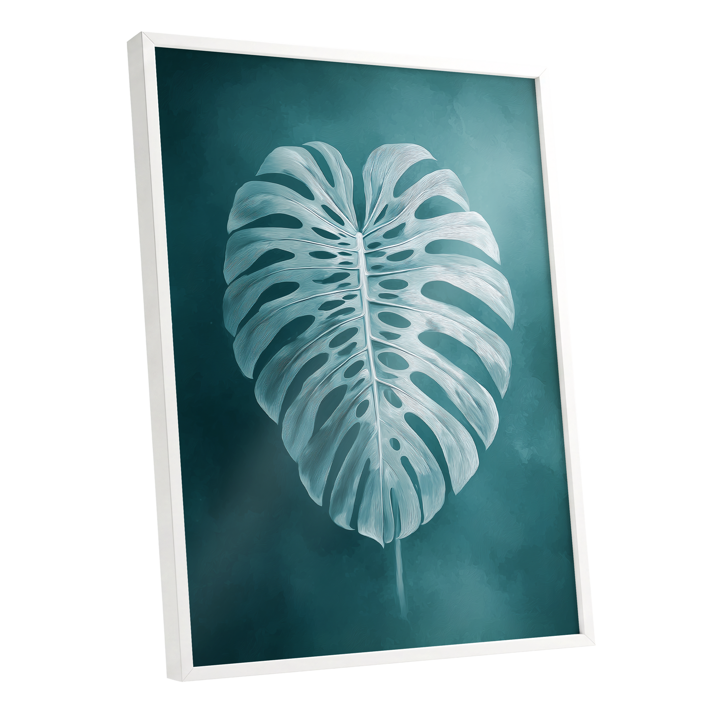 Teal Monstera Study, blue, green, white nature wall art shown as a white framed poster wall art print