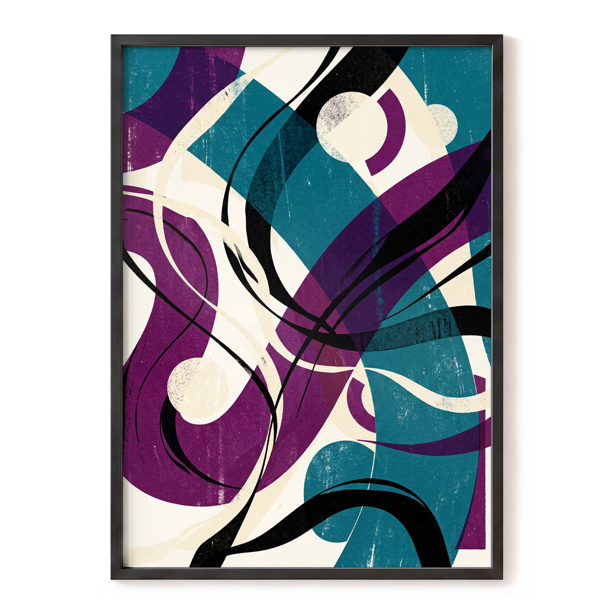 Teal Orbit Rhapsody, blue, purple, black abstract wall art, front artwork view