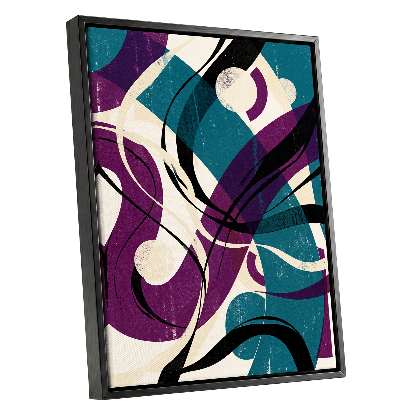 Teal Orbit Rhapsody, blue, purple, black abstract wall art shown as a black framed canvas wall art