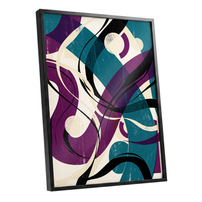 Teal Orbit Rhapsody, blue, purple, black abstract wall art shown as a black framed poster wall art print
