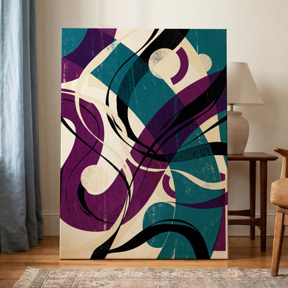 Teal Orbit Rhapsody, blue, purple, black abstract wall art on canvas displayed in a styled interior, gallery view 1