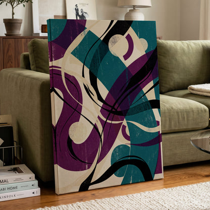 Teal Orbit Rhapsody, blue, purple, black abstract wall art on canvas displayed in a styled interior, gallery view 2