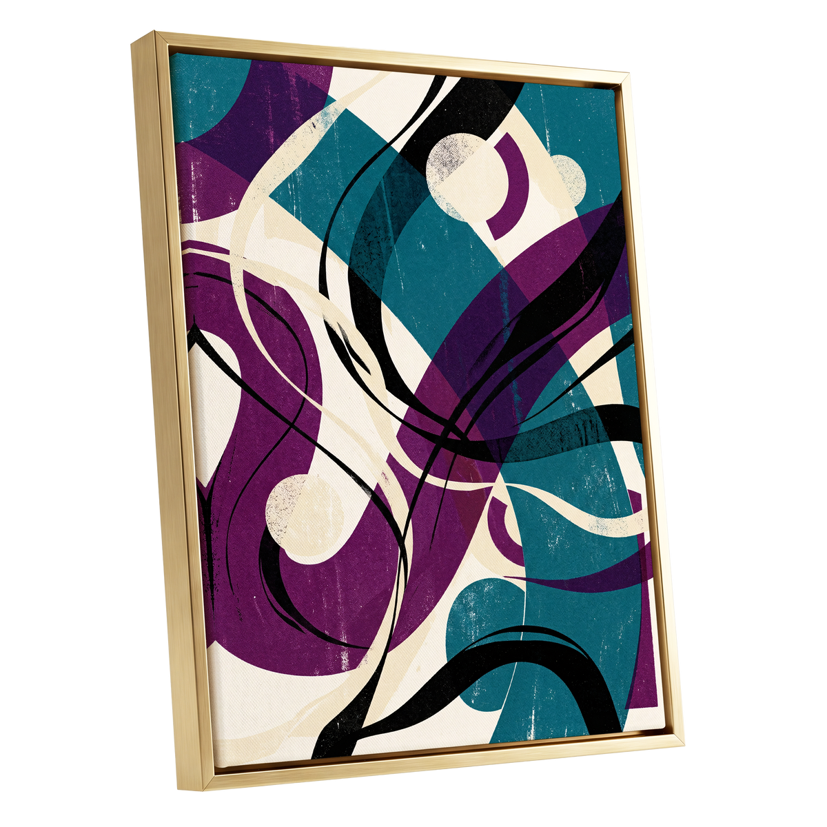 Teal Orbit Rhapsody, blue, purple, black abstract wall art shown as a gold framed canvas wall art