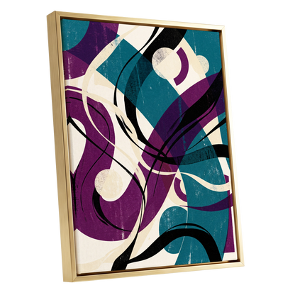 Teal Orbit Rhapsody, blue, purple, black abstract wall art shown as a gold framed canvas wall art