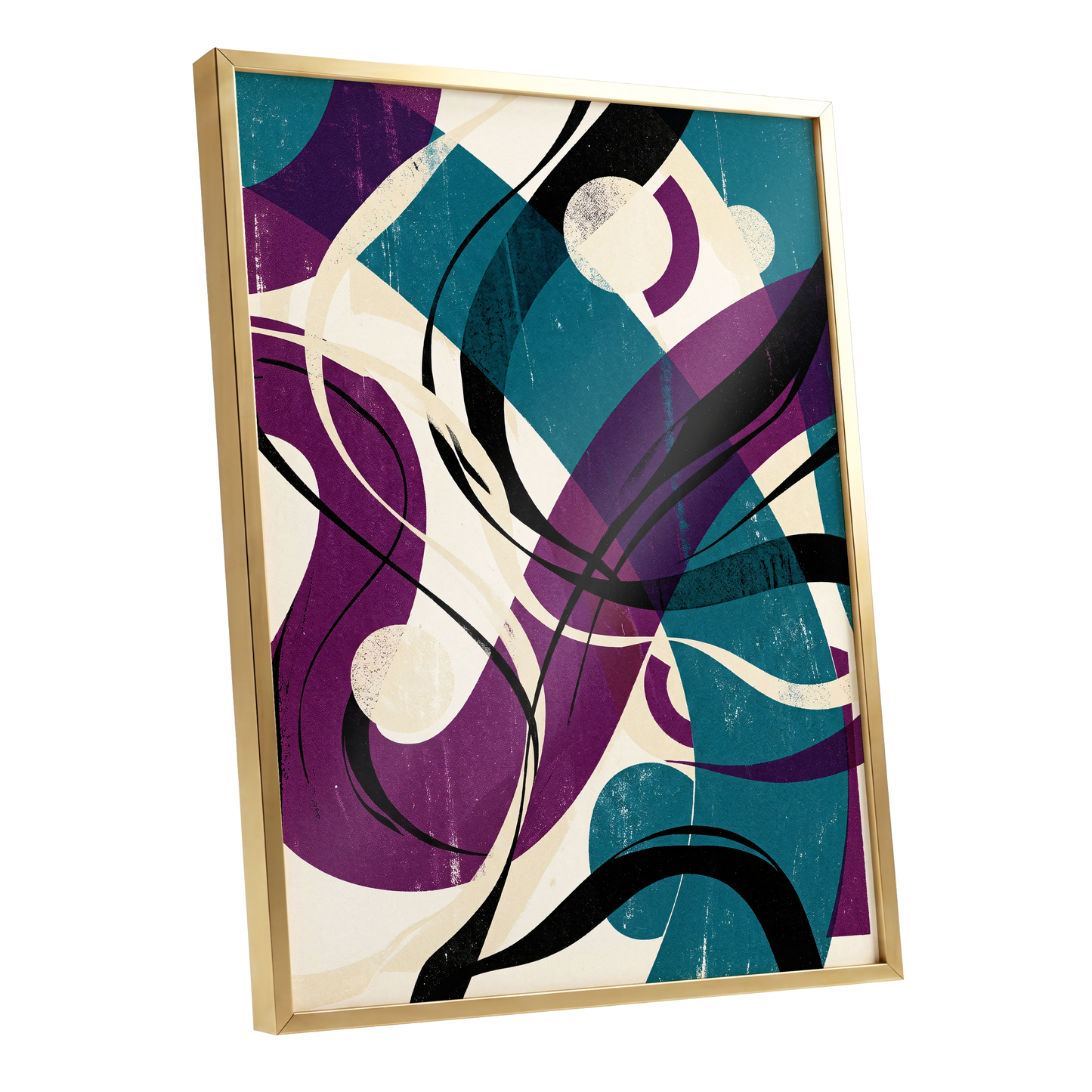 Teal Orbit Rhapsody, blue, purple, black abstract wall art shown as a gold framed poster wall art print