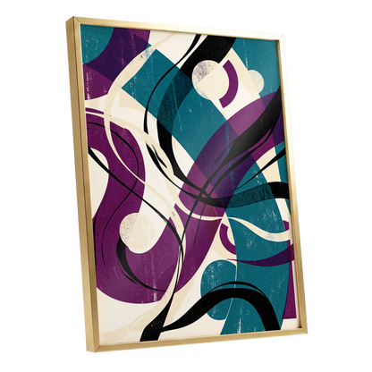 Teal Orbit Rhapsody, blue, purple, black abstract wall art shown as a gold framed poster wall art print