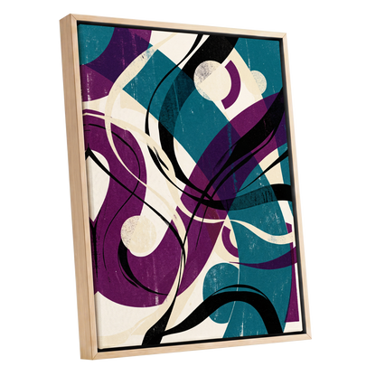 Teal Orbit Rhapsody, blue, purple, black abstract wall art shown as a oak framed canvas wall art