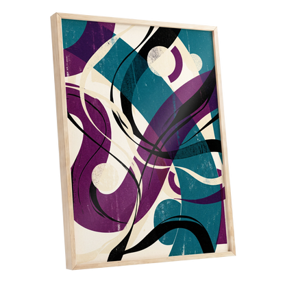 Teal Orbit Rhapsody, blue, purple, black abstract wall art shown as a oak framed poster wall art print