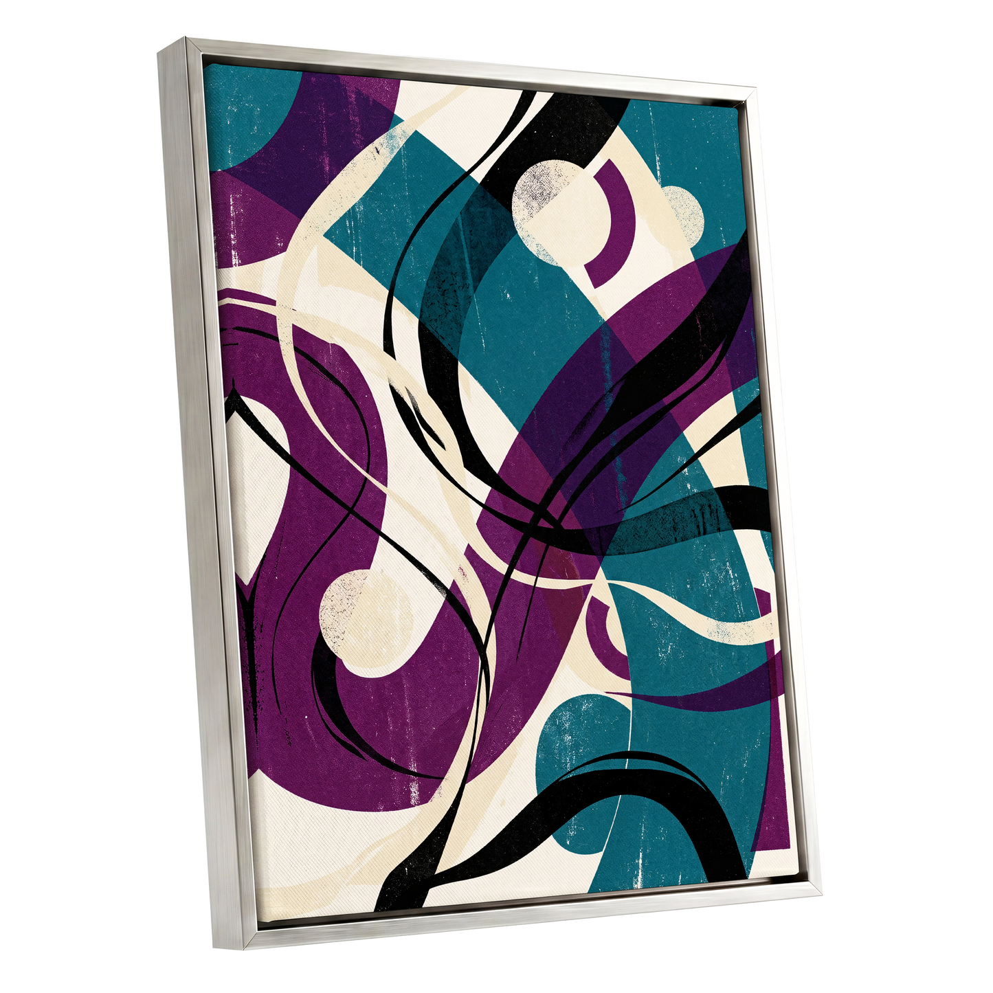 Teal Orbit Rhapsody, blue, purple, black abstract wall art shown as a silver framed canvas wall art