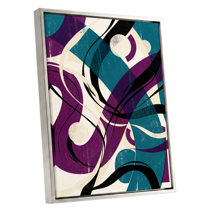 Teal Orbit Rhapsody, blue, purple, black abstract wall art shown as a silver framed canvas wall art