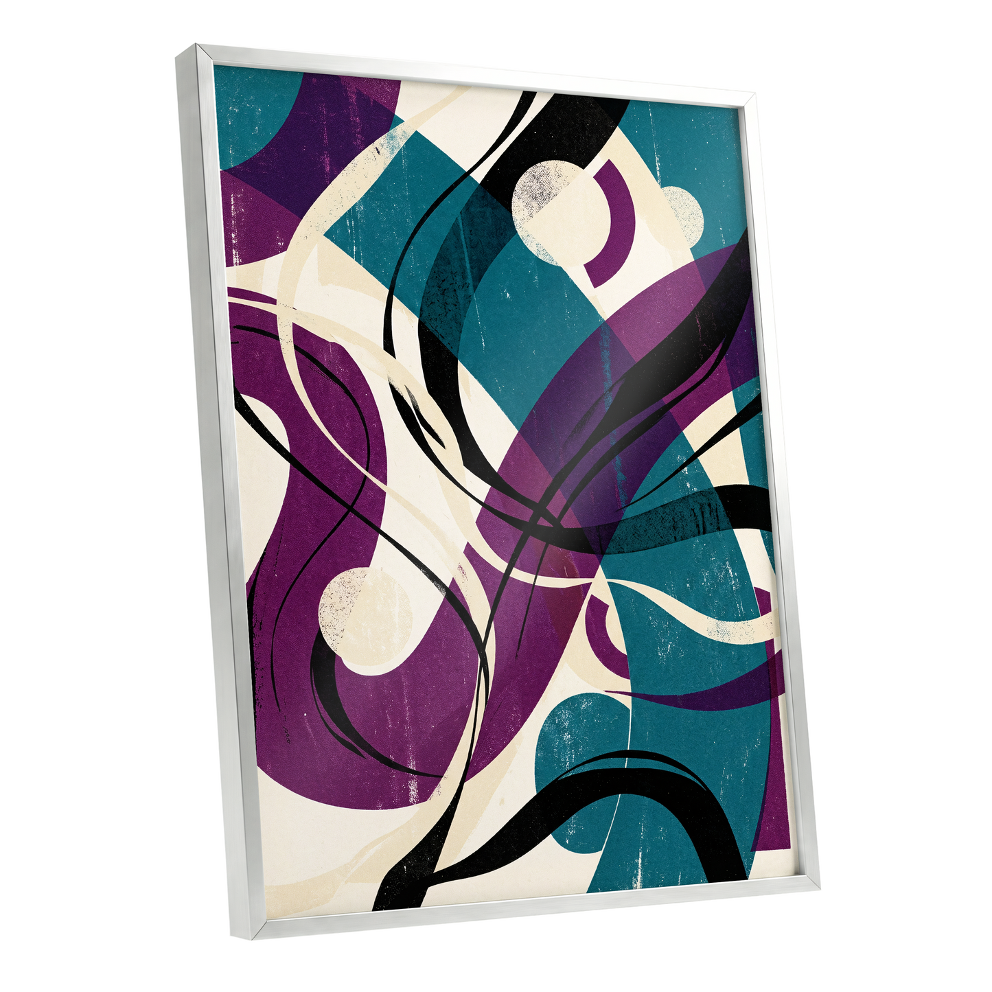 Teal Orbit Rhapsody, blue, purple, black abstract wall art shown as a silver framed poster wall art print