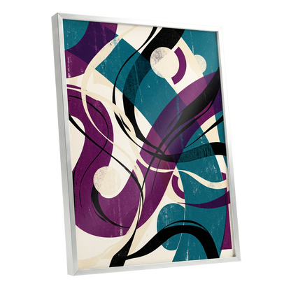 Teal Orbit Rhapsody, blue, purple, black abstract wall art shown as a silver framed poster wall art print