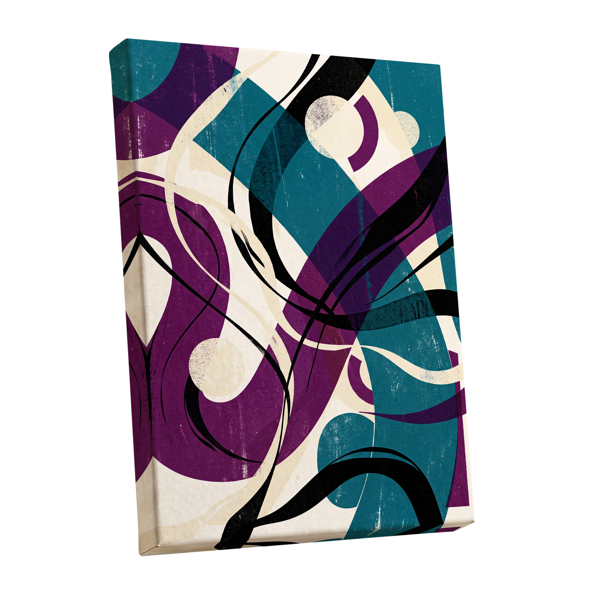 Teal Orbit Rhapsody, blue, purple, black abstract wall art shown as a stretched canvas wall art