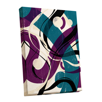 Teal Orbit Rhapsody, blue, purple, black abstract wall art shown as a stretched canvas wall art