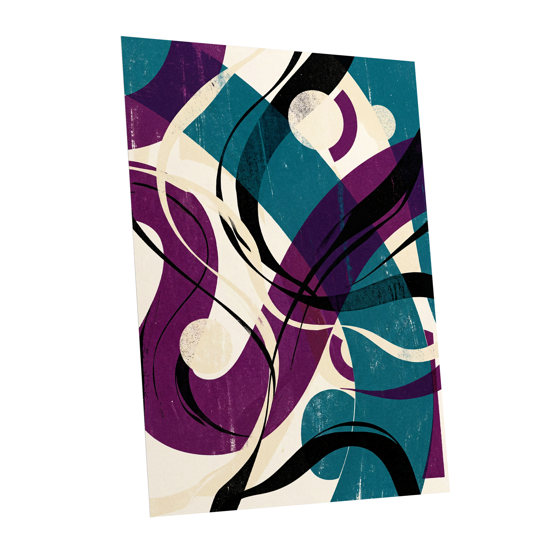 Teal Orbit Rhapsody, blue, purple, black abstract wall art shown as a unframed poster wall art print
