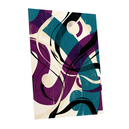 Teal Orbit Rhapsody, blue, purple, black abstract wall art shown as a unframed poster wall art print