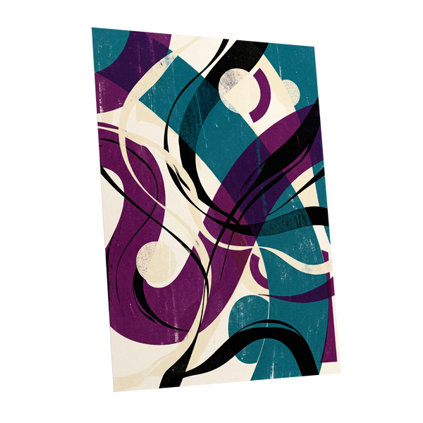 Teal Orbit Rhapsody, blue, purple, black abstract wall art shown as a unframed poster wall art print