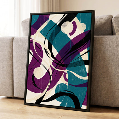 Teal Orbit Rhapsody, blue, purple, black abstract wall art displayed in a styled interior, gallery view 1