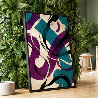 Teal Orbit Rhapsody, blue, purple, black abstract wall art displayed in a styled interior, gallery view 2