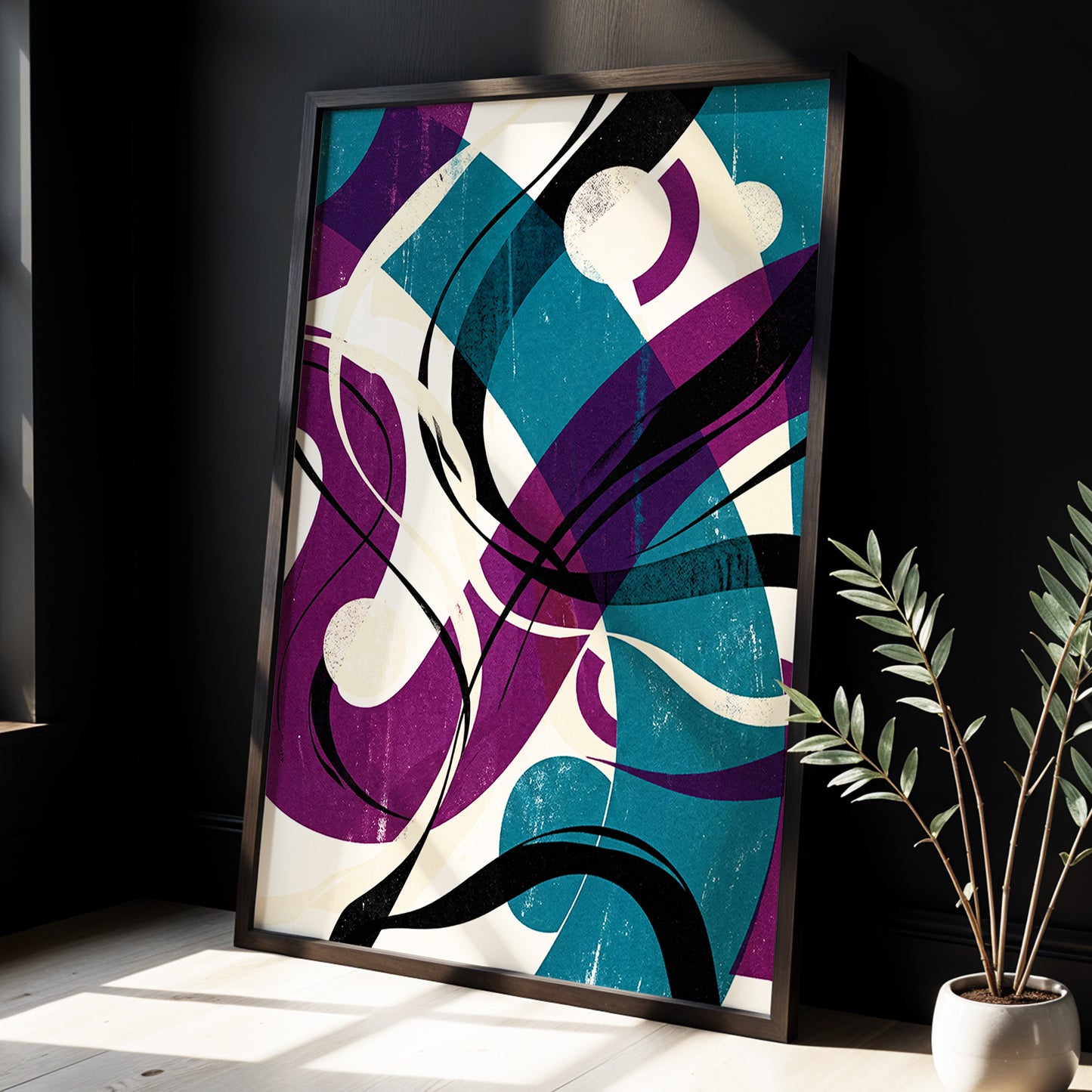 Teal Orbit Rhapsody, blue, purple, black abstract wall art displayed in a styled interior, gallery view 3