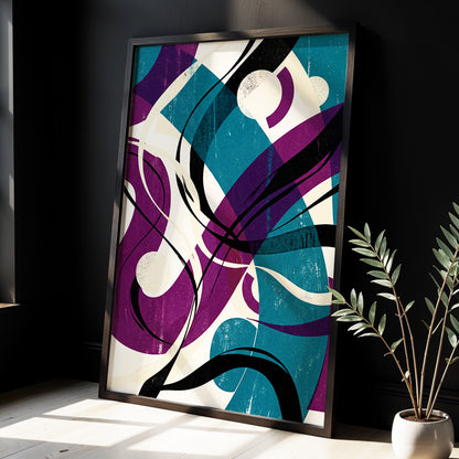Teal Orbit Rhapsody, blue, purple, black abstract wall art displayed in a styled interior, gallery view 3