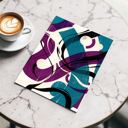 Teal Orbit Rhapsody, blue, purple, black abstract wall art displayed in a styled interior, gallery view 4