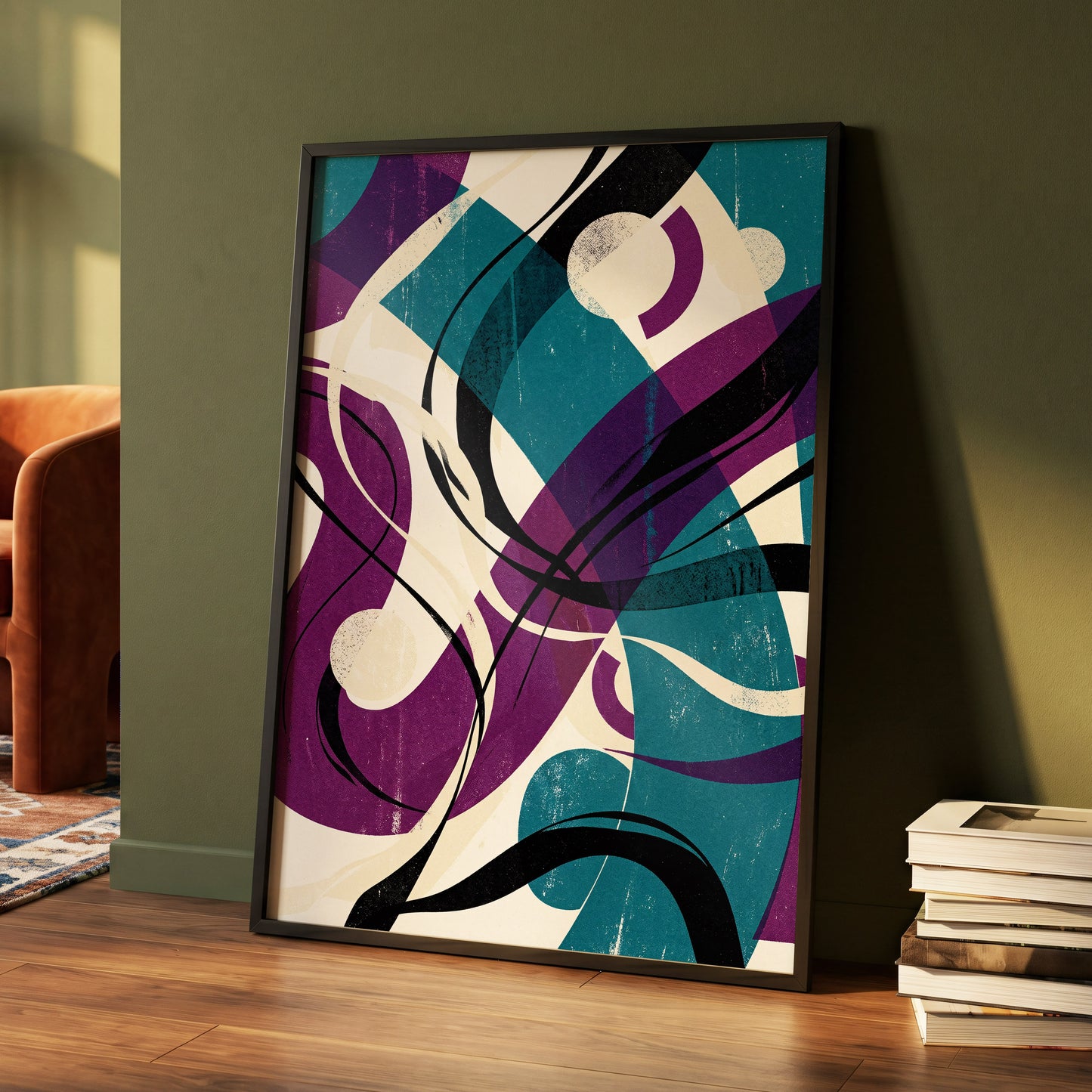 Teal Orbit Rhapsody, blue, purple, black abstract wall art displayed in a styled interior, gallery view 5