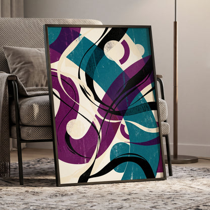 Teal Orbit Rhapsody, blue, purple, black abstract wall art displayed in a styled interior, gallery view 6