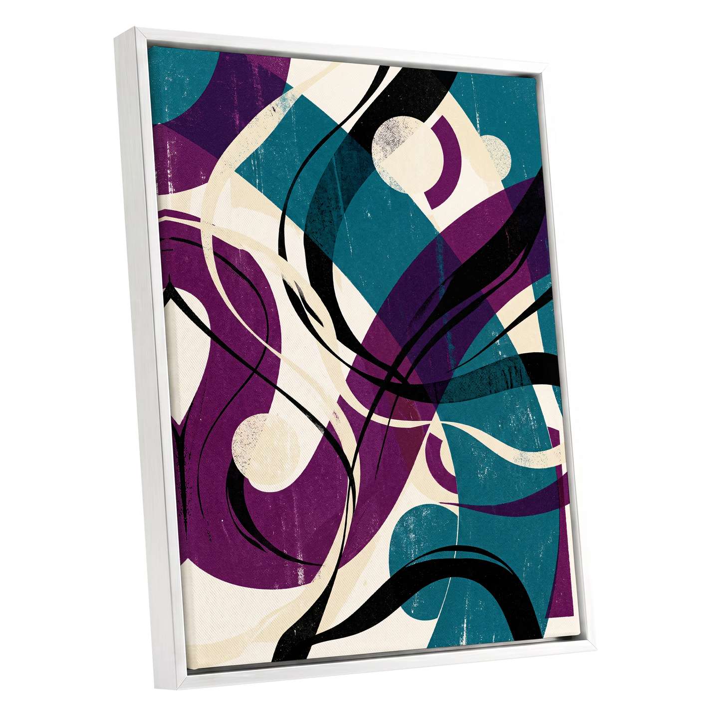 Teal Orbit Rhapsody, blue, purple, black abstract wall art shown as a white framed canvas wall art