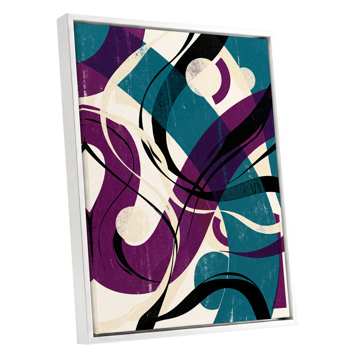Teal Orbit Rhapsody, blue, purple, black abstract wall art shown as a white framed canvas wall art